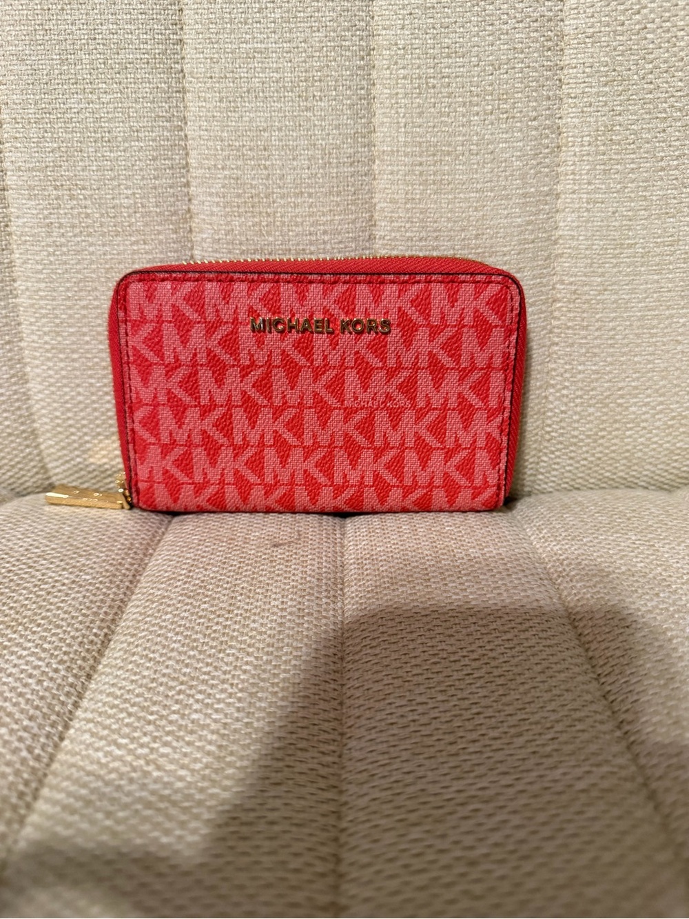 Michael Kors Red MK Logo Zip Card Case with Gold Hardware